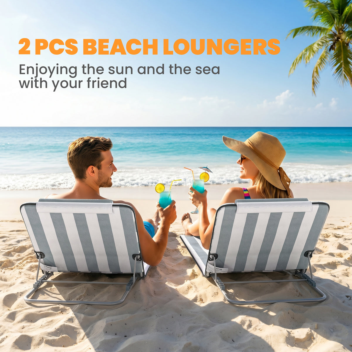 2 Pieces Beach Lounge Chair, Outdoor Folding Chaise Lounge Set w/ Pillow for Sunbath, Snap, Beige – view 17