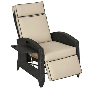 Wicker Recliner Chair with Adjustable Backrest and Footrest, Washable Cushion, Side Tray, Light Grey