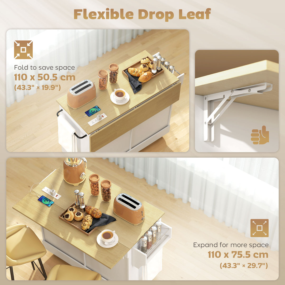 Kitchen Island Cart with Charging Station and Drop Leaf – view 11