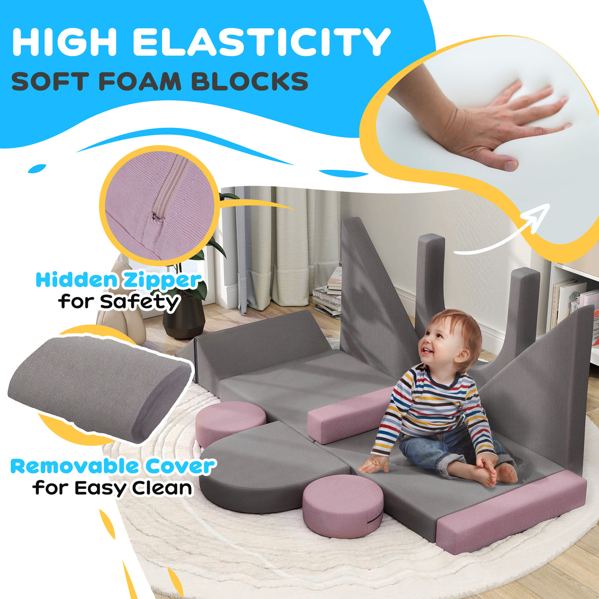 Qaba 12-Piece Modular Kids Play Couch Building Fort for Playroom Bedroom, Convertible Kids Sofa