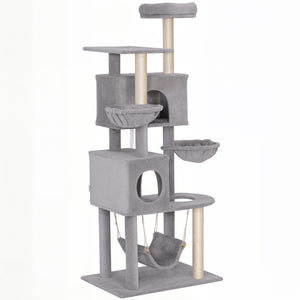 66 Inch Large Cat Tree with 2 Door Condos, 3 Big Hammocks, Plush Top Perch, Sisal Scratching Posts, Light Grey