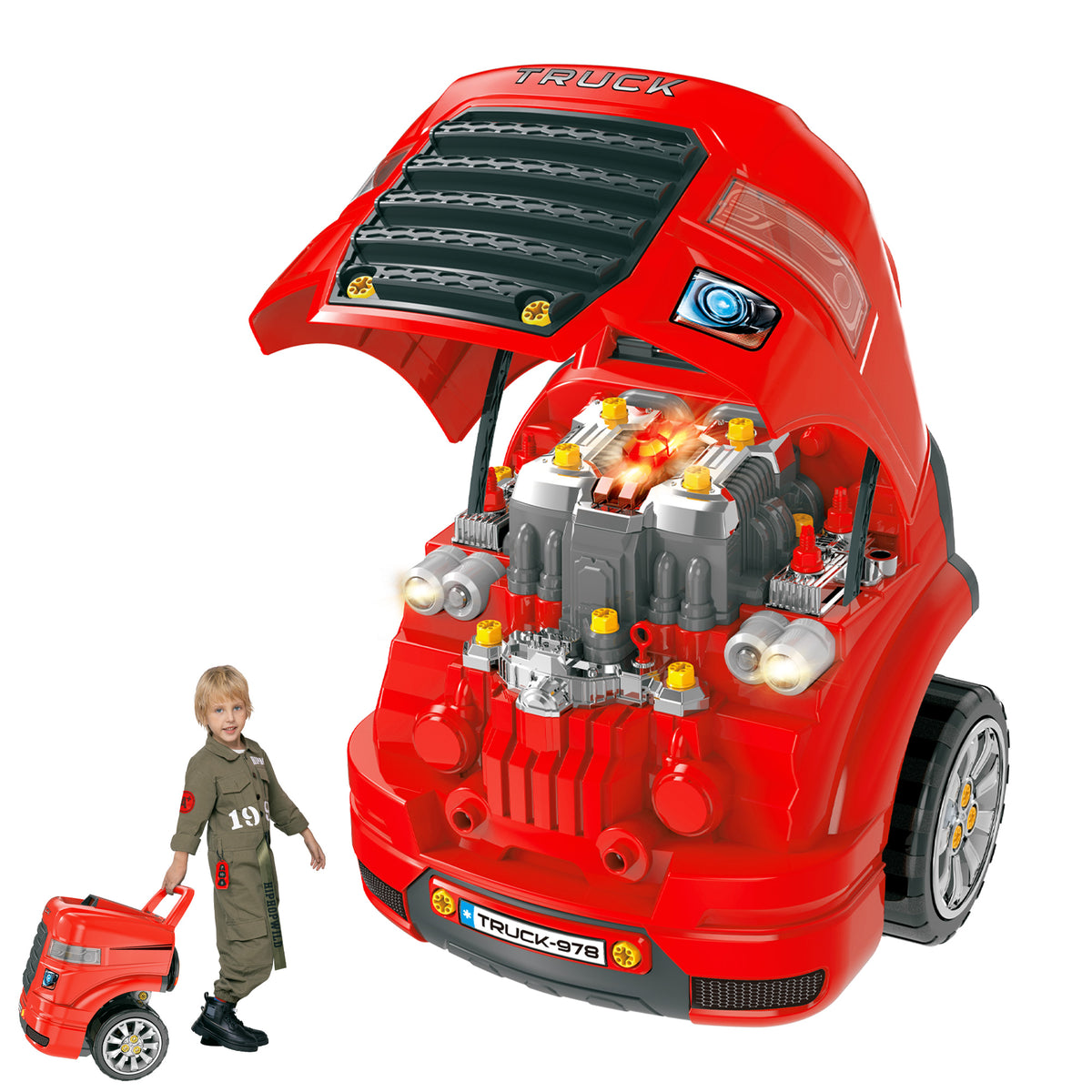 Qaba Smart Truck Engine Toy Set for Kids - Mini Car Service Station, Kids Tool Set Included, Suitable for 3-5 Years Old