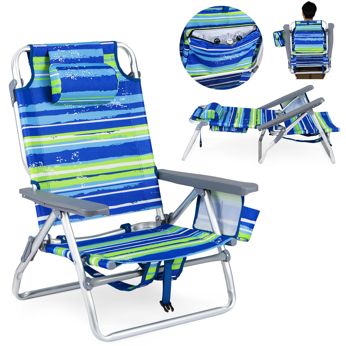 Beach Chairs Set of 2 Portable Folding Backpack Recliners with 5-Position Backrest and Padded Headrest-Blue and Green view 4