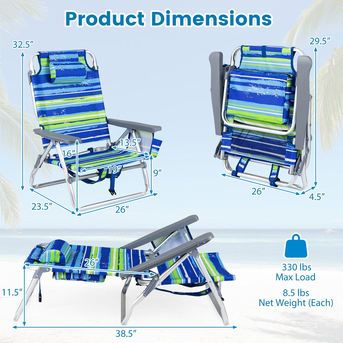 Beach Chairs Set of 2 Portable Folding Backpack Recliners with 5-Position Backrest and Padded Headrest-Blue and Green view 5
