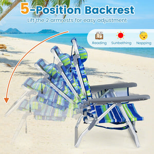 Beach Chairs Set of 2 Portable Folding Backpack Recliners with 5-Position Backrest and Padded Headrest-Blue and Green view 6