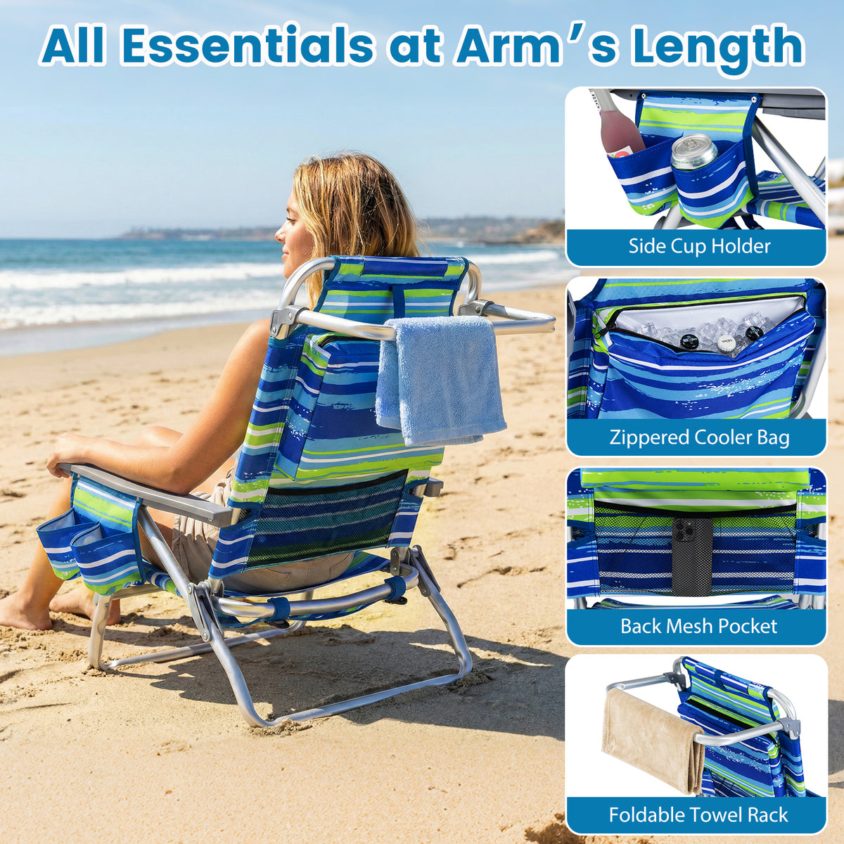 Beach Chairs Set of 2 Portable Folding Backpack Recliners with 5-Position Backrest and Padded Headrest-Blue and Green view 7