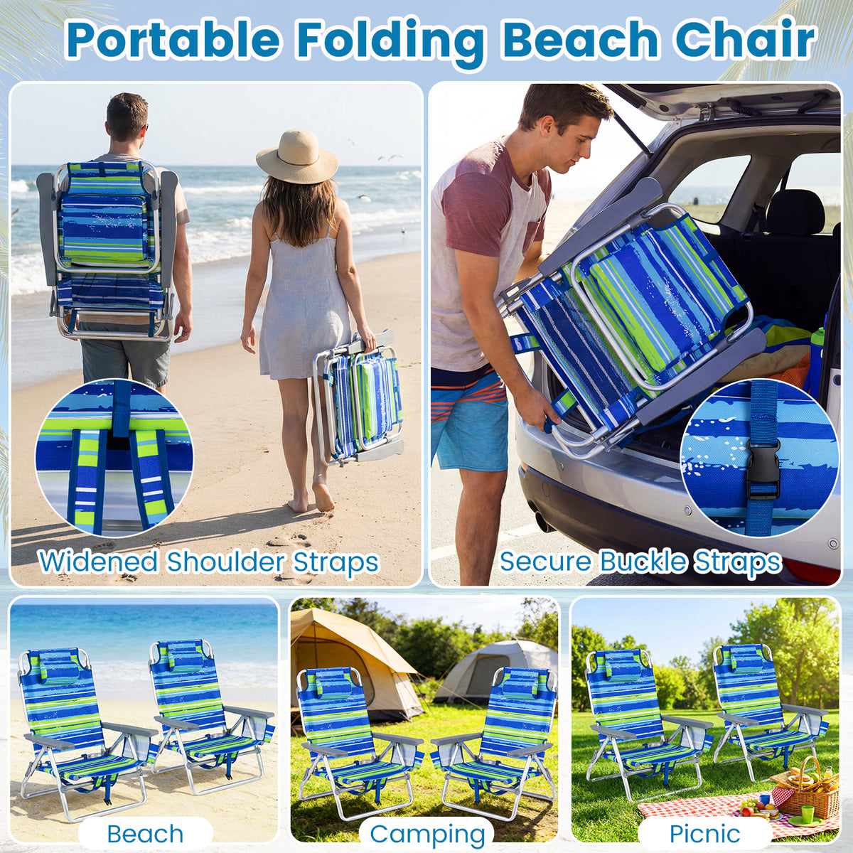 Beach Chairs Set of 2 Portable Folding Backpack Recliners with 5-Position Backrest and Padded Headrest-Blue and Green view 8
