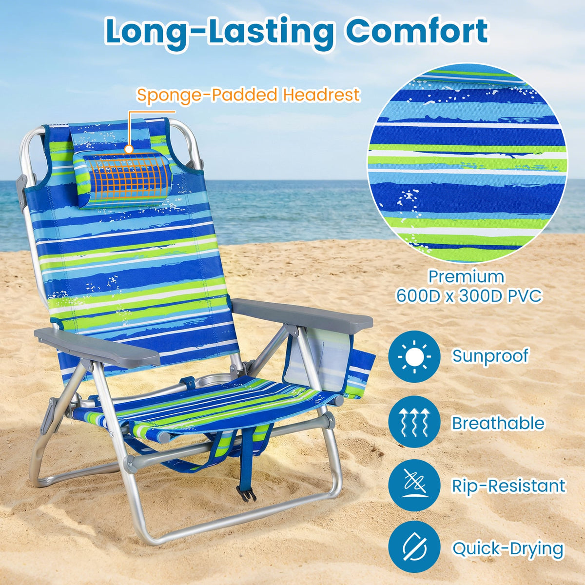 Beach Chairs Set of 2 Portable Folding Backpack Recliners with 5-Position Backrest and Padded Headrest-Blue and Green view 9
