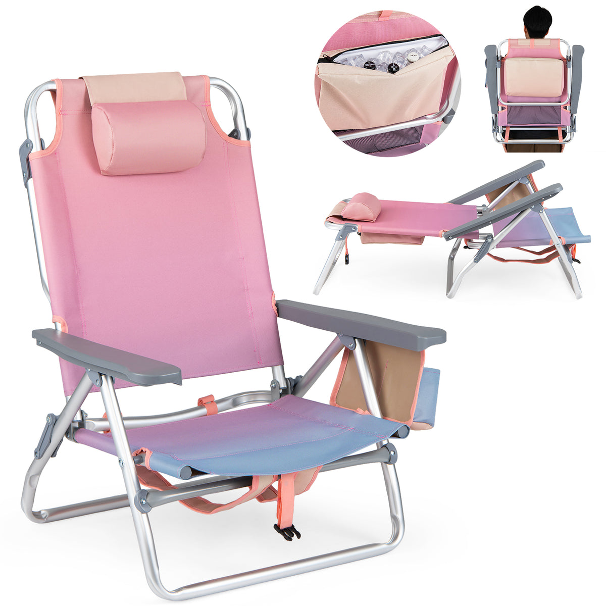 Beach Chairs Set of 2 Portable Folding Backpack Recliners with 5-Position Backrest and Padded Headrest-Gradient Pink view 4