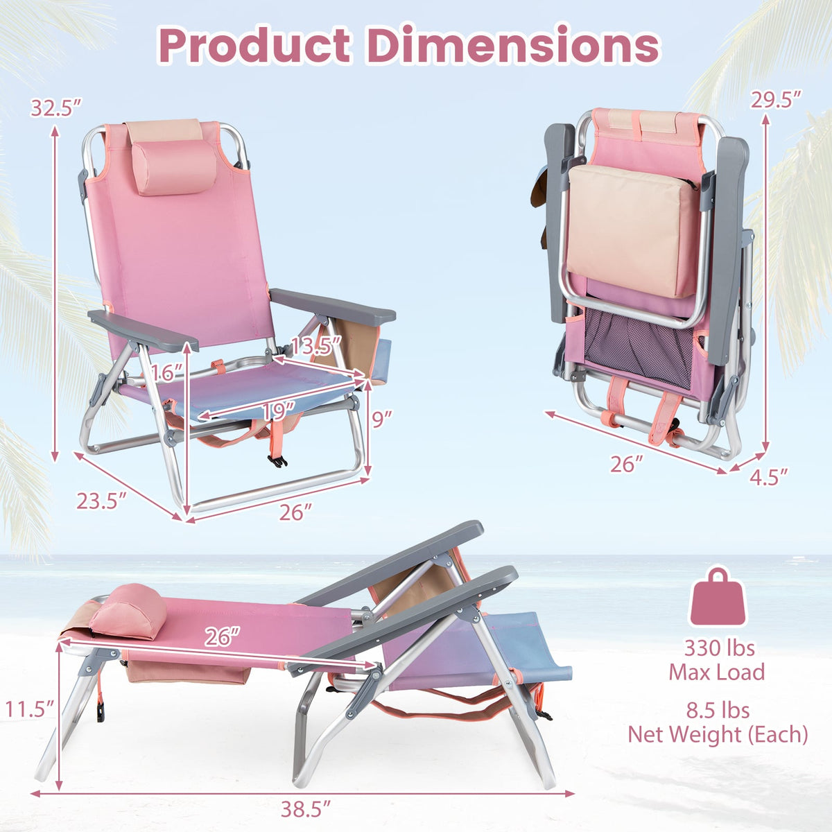 Beach Chairs Set of 2 Portable Folding Backpack Recliners with 5-Position Backrest and Padded Headrest-Gradient Pink view 5