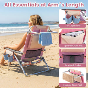 Beach Chairs Set of 2 Portable Folding Backpack Recliners with 5-Position Backrest and Padded Headrest-Gradient Pink view 7