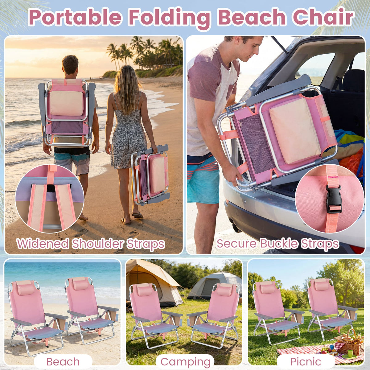 Beach Chairs Set of 2 Portable Folding Backpack Recliners with 5-Position Backrest and Padded Headrest-Gradient Pink view 8