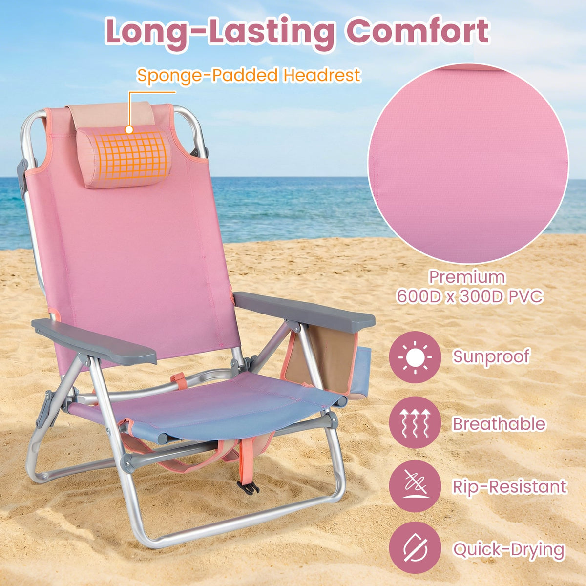 Beach Chairs Set of 2 Portable Folding Backpack Recliners with 5-Position Backrest and Padded Headrest-Gradient Pink view 9