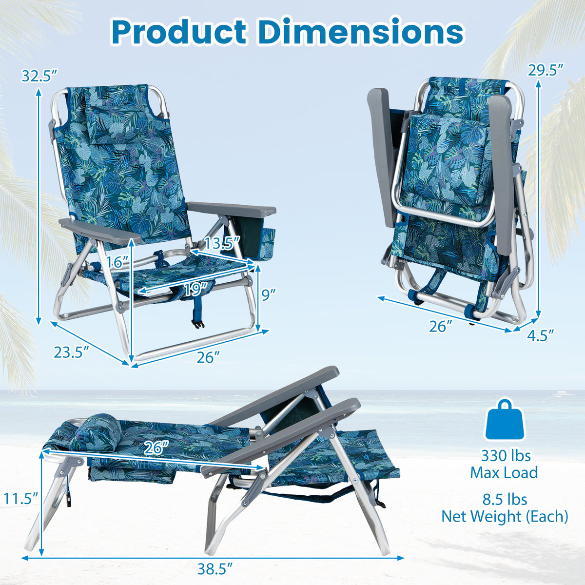 Beach Chairs Set of 2 Portable Folding Backpack Recliners with 5-Position Backrest and Padded Headrest-Peacock Blue view 5