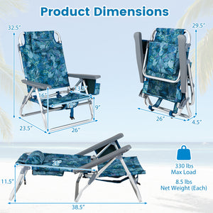 Beach Chairs Set of 2 Portable Folding Backpack Recliners with 5-Position Backrest and Padded Headrest-Peacock Blue view 5