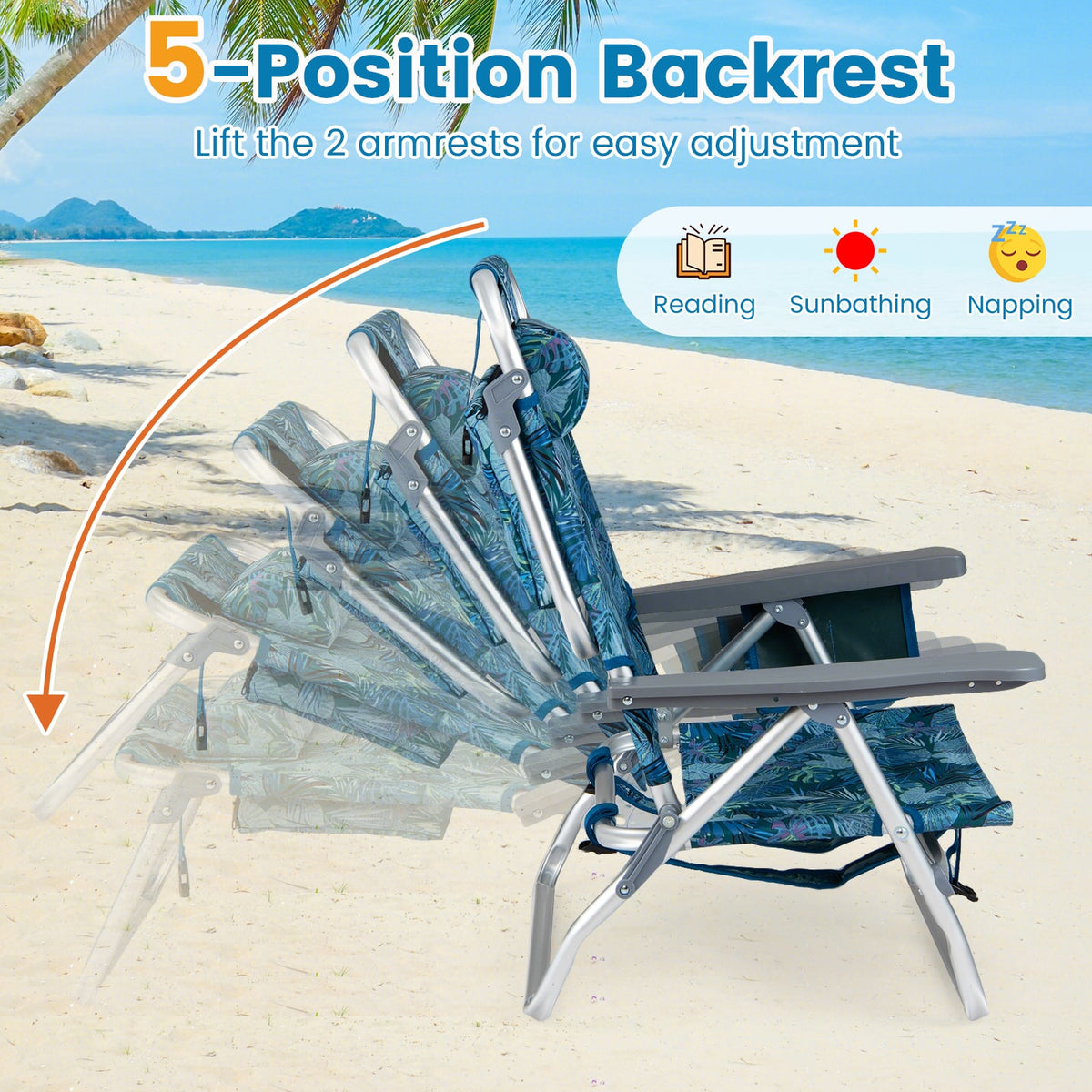 Beach Chairs Set of 2 Portable Folding Backpack Recliners with 5-Position Backrest and Padded Headrest-Peacock Blue view 6
