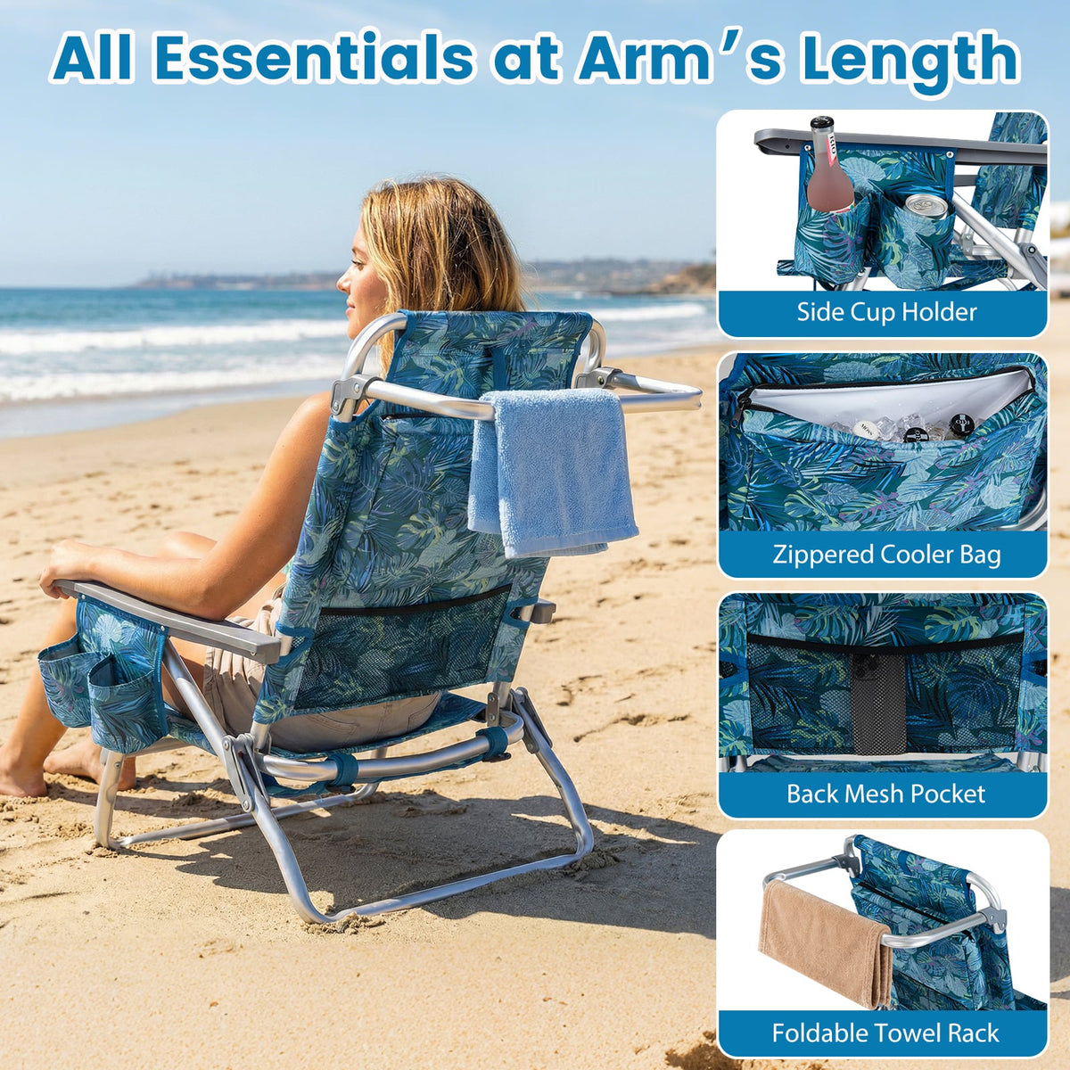Beach Chairs Set of 2 Portable Folding Backpack Recliners with 5-Position Backrest and Padded Headrest-Peacock Blue view 7
