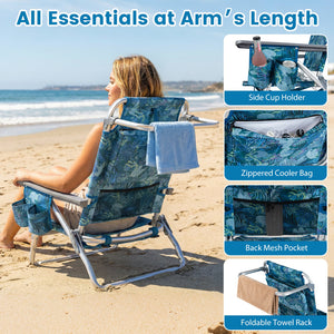Beach Chairs Set of 2 Portable Folding Backpack Recliners with 5-Position Backrest and Padded Headrest-Peacock Blue view 7