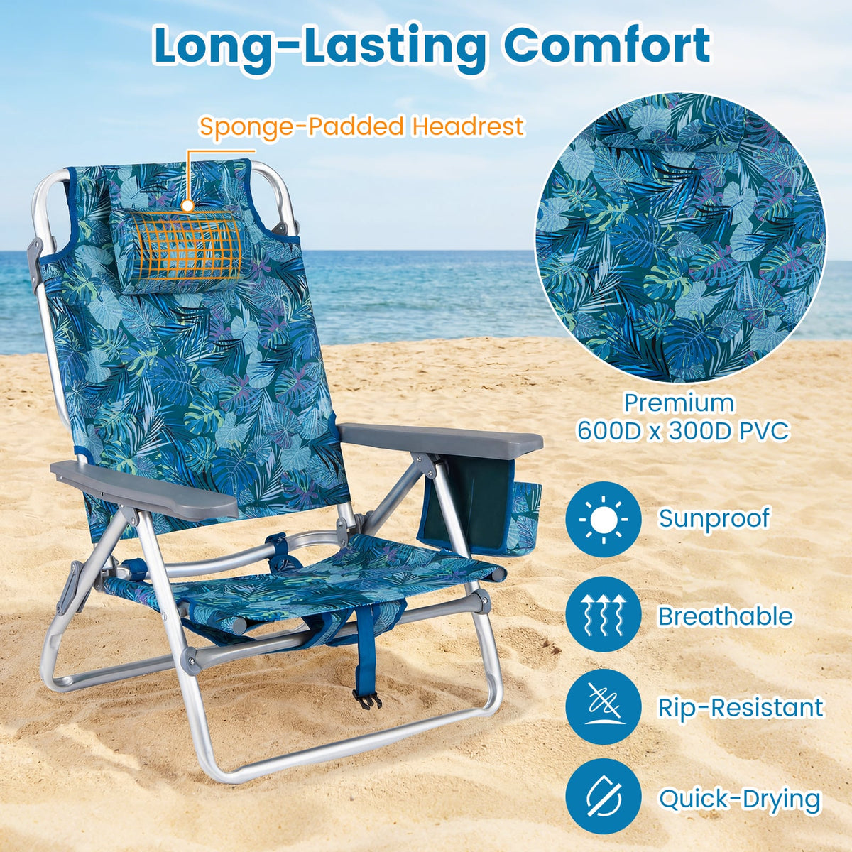 Beach Chairs Set of 2 Portable Folding Backpack Recliners with 5-Position Backrest and Padded Headrest-Peacock Blue view 9