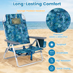 Beach Chairs Set of 2 Portable Folding Backpack Recliners with 5-Position Backrest and Padded Headrest-Peacock Blue view 9