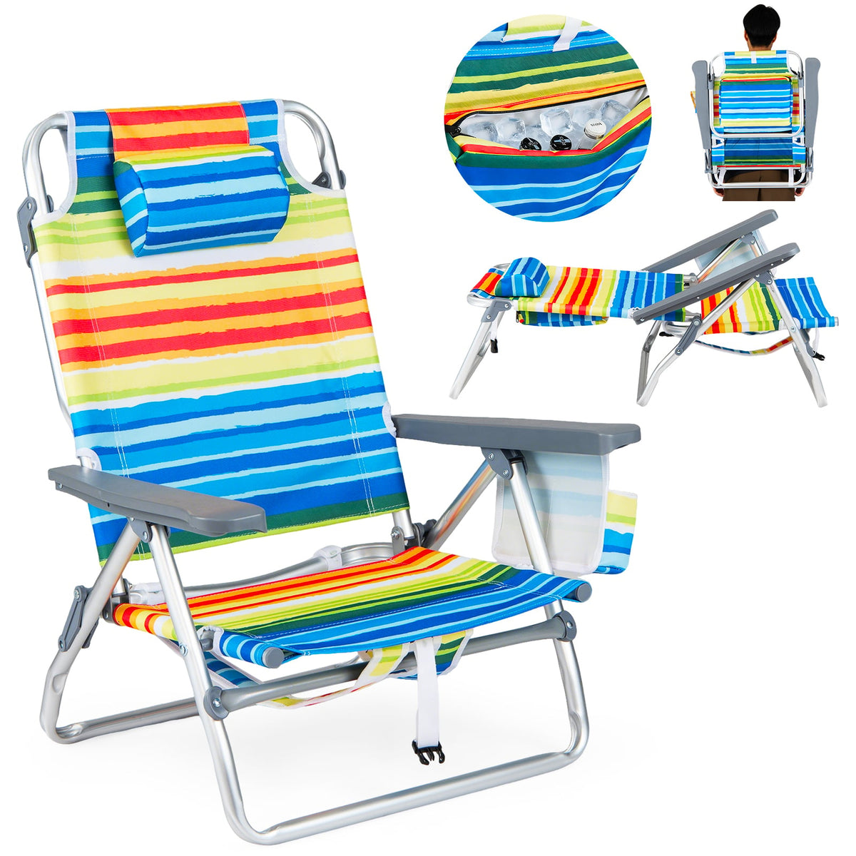 Beach Chairs Set of 2 Portable Folding Backpack Recliners with 5-Position Backrest and Padded Headrest-Yellow view 4