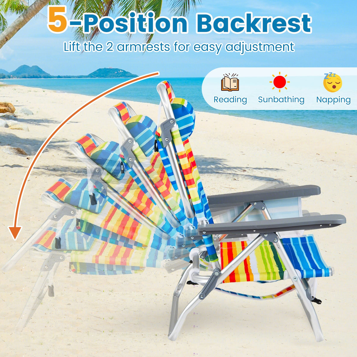 Beach Chairs Set of 2 Portable Folding Backpack Recliners with 5-Position Backrest and Padded Headrest-Yellow view 6