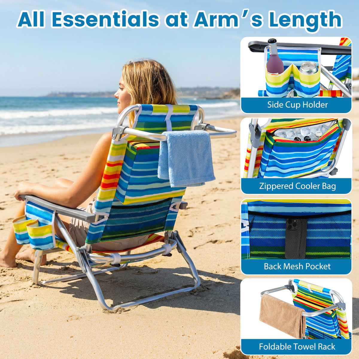Beach Chairs Set of 2 Portable Folding Backpack Recliners with 5-Position Backrest and Padded Headrest-Yellow view 7
