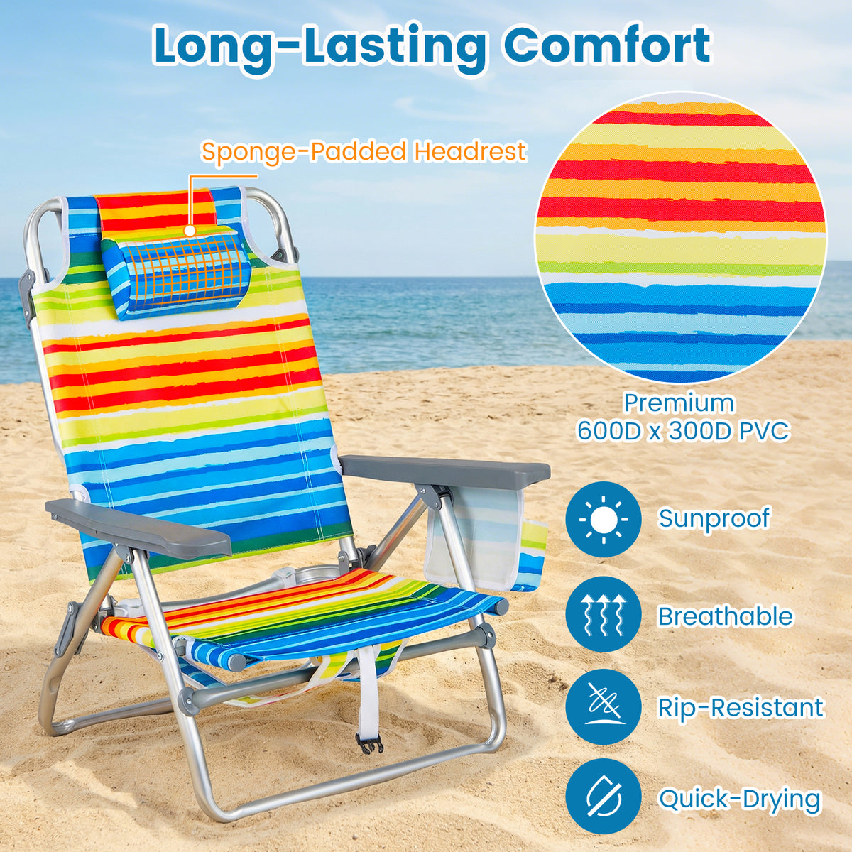 Beach Chairs Set of 2 Portable Folding Backpack Recliners with 5-Position Backrest and Padded Headrest-Yellow view 9