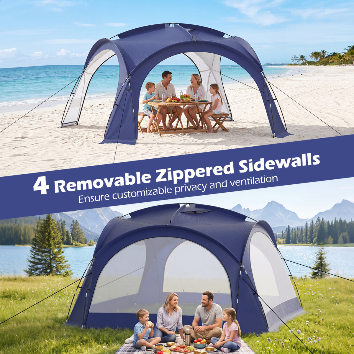 Beach Tent for 12-15 People Easy Setup Dome Canopy Tent with 4 Removable Zippered Sidewalls-Blue view 6