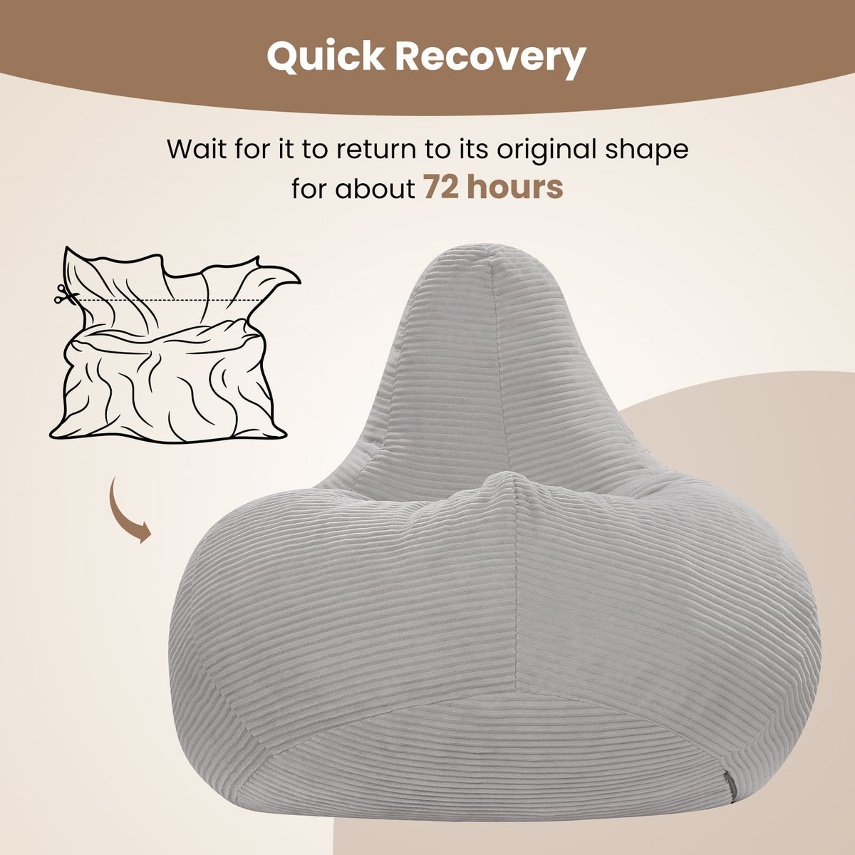 Bean Bag Chair for Adults Accent Lazy Sofa with Skin-friendly Corduroy Cover and Soft Sponge Filling-Gray view 7