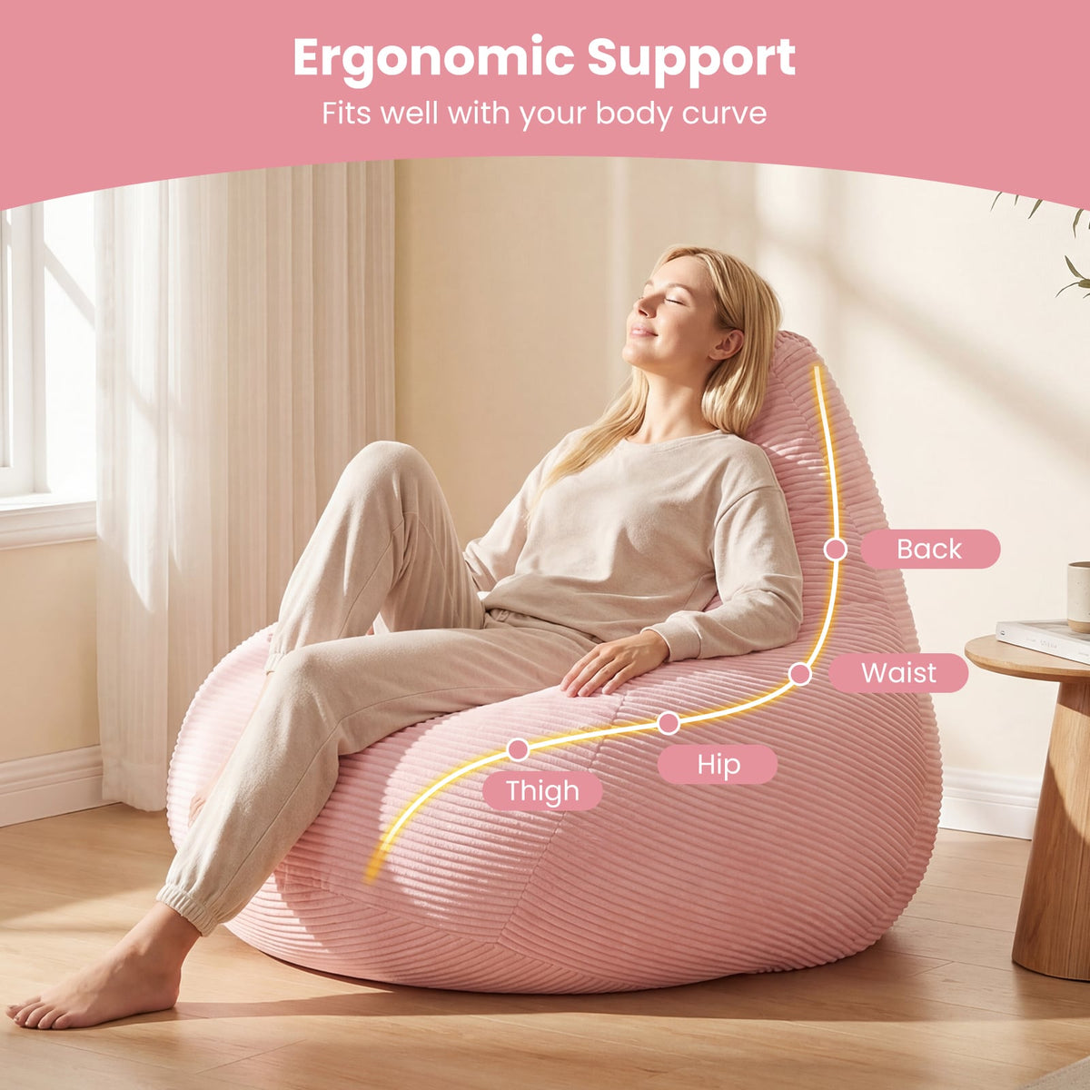 Bean Bag Chair for Adults Accent Lazy Sofa with Skin-friendly Corduroy Cover and Soft Sponge Filling-Pink view 8