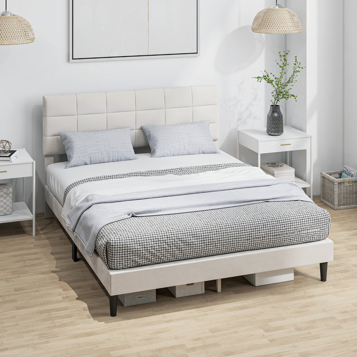 Queen Size Bed Frame with Upholstered Headboard, Modern Platform Bed Frame with Wood Slats, 1100 lbs Capacity, Cream