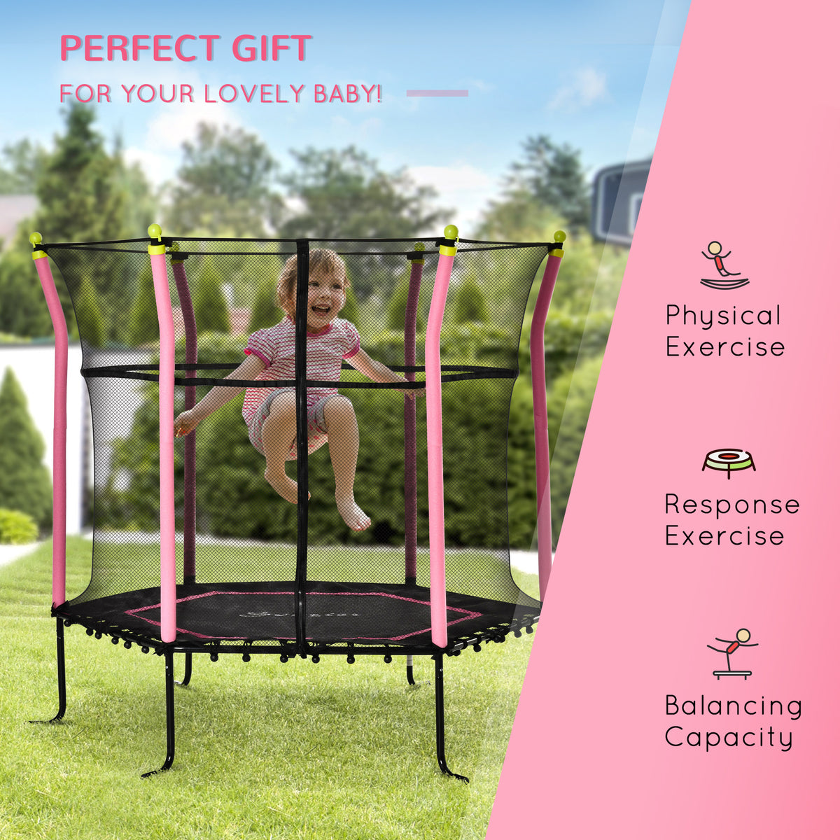 Soozier 63" Kids Trampoline Mini Indoor Bouncer Jumper with Enclosure Net Elastic Thick Padded Pole Gift for Child Toddler Age 3-6 Years Old