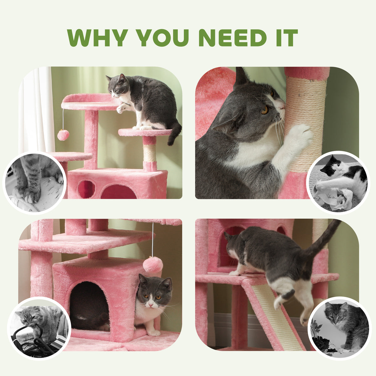 54" Cat Tree, Multi-Level Cat Tower with Scratching Posts, Cat Condos, Bed, Platforms, Ramp, Toy Ball, Beige – view 47