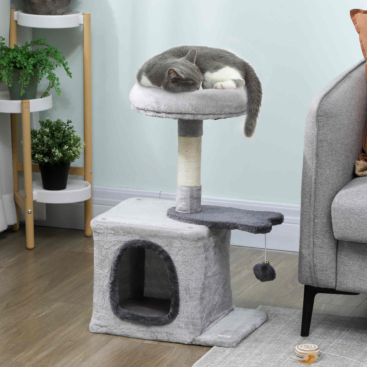 28" Cat Tree Tower with Plush Top Bed, Cozy Condo, Sisal Scratching Post, Perch, Dangling Ball, Beige and Yellow