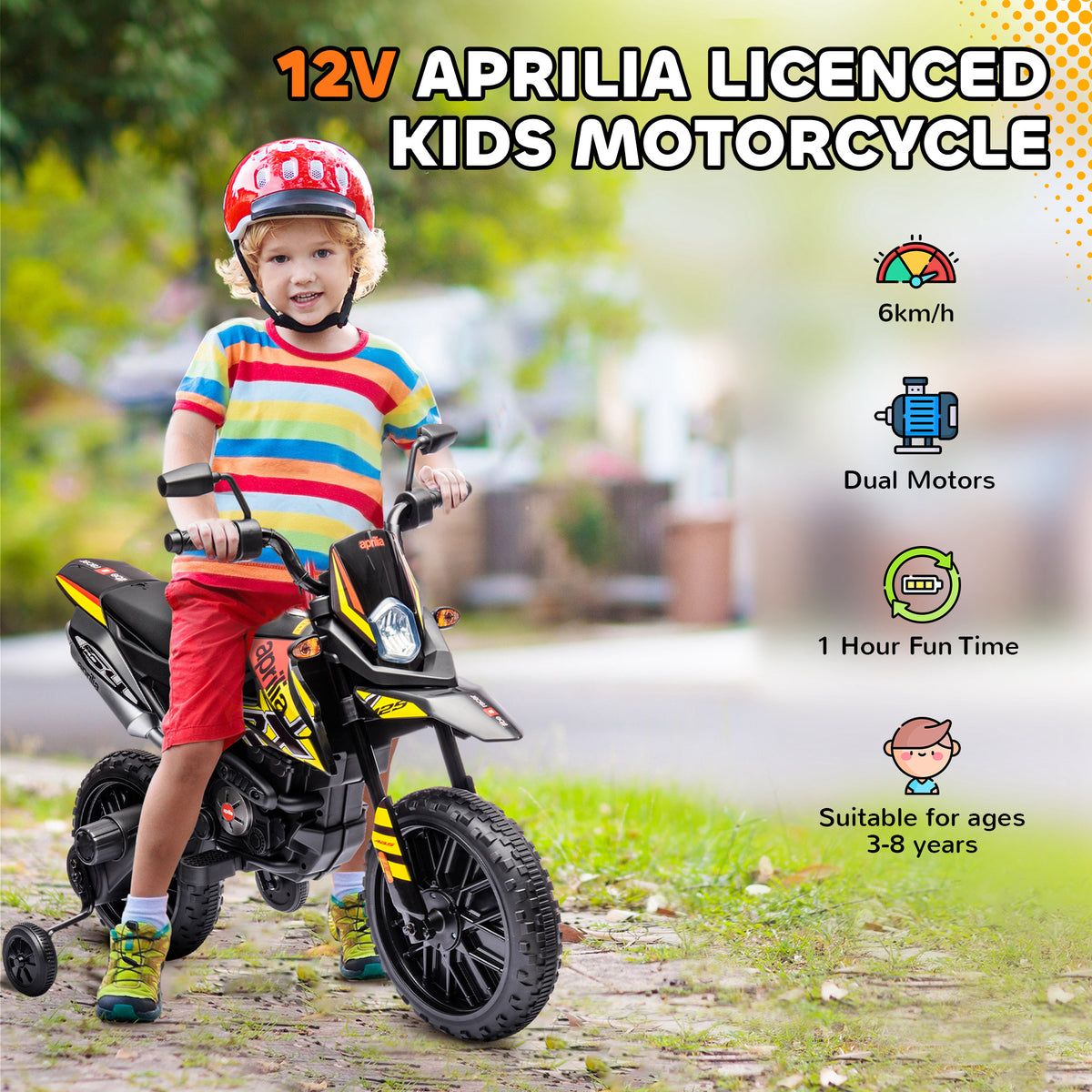 Qaba 12V Aprilia Licenced Kids Electric Motorcycle, Battery-Powered Dirt Bike with Training Wheels for Aged 3-8