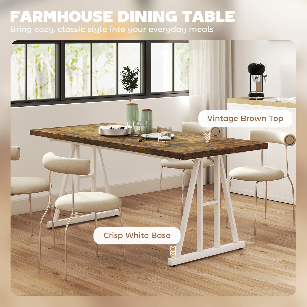 Farmhouse Kitchen Table for 8, Rectangular Dining Table with Thick Tabletop and Steel Trestle Legs, Brown and White