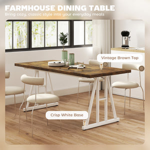 Farmhouse Kitchen Table for 8, Rectangular Dining Table with Thick Tabletop and Steel Trestle Legs, Brown and White