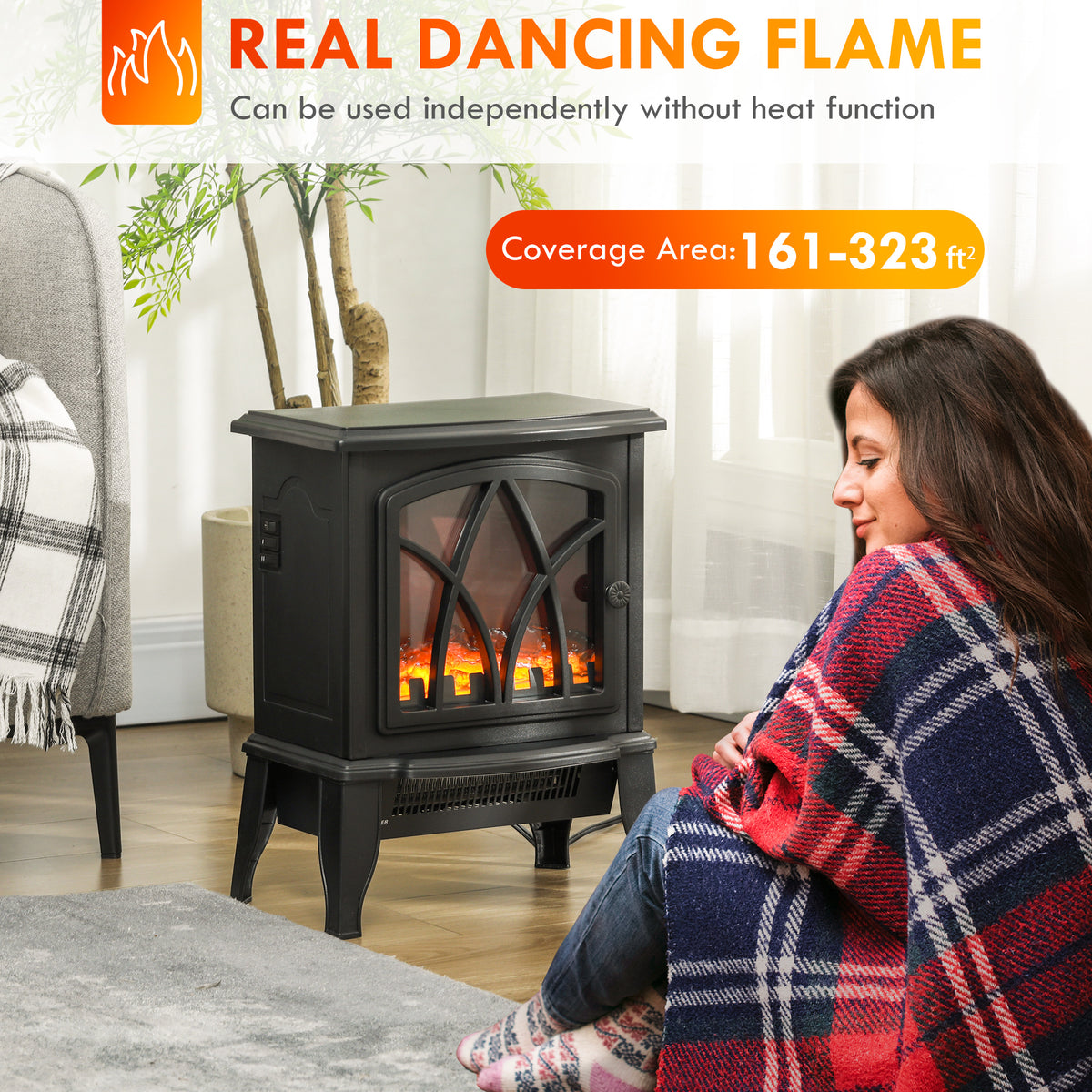 Electric Fireplace Heater, Freestanding Fireplace Stove with Realistic Flame and Overheat Protection – view 3