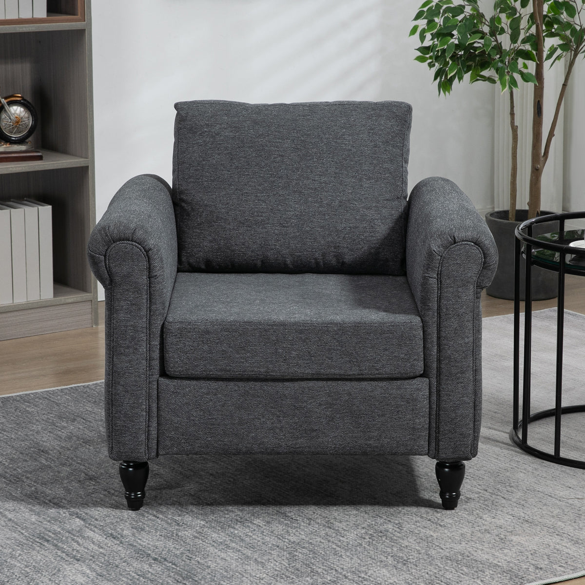 Vintage Armchair, Upholstered Accent Chair with Rolled Arms, Gourd-Shaped Rubber Wood Legs, Dark Grey