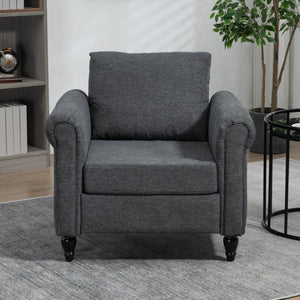 Vintage Armchair, Upholstered Accent Chair with Rolled Arms, Gourd-Shaped Rubber Wood Legs, Dark Grey
