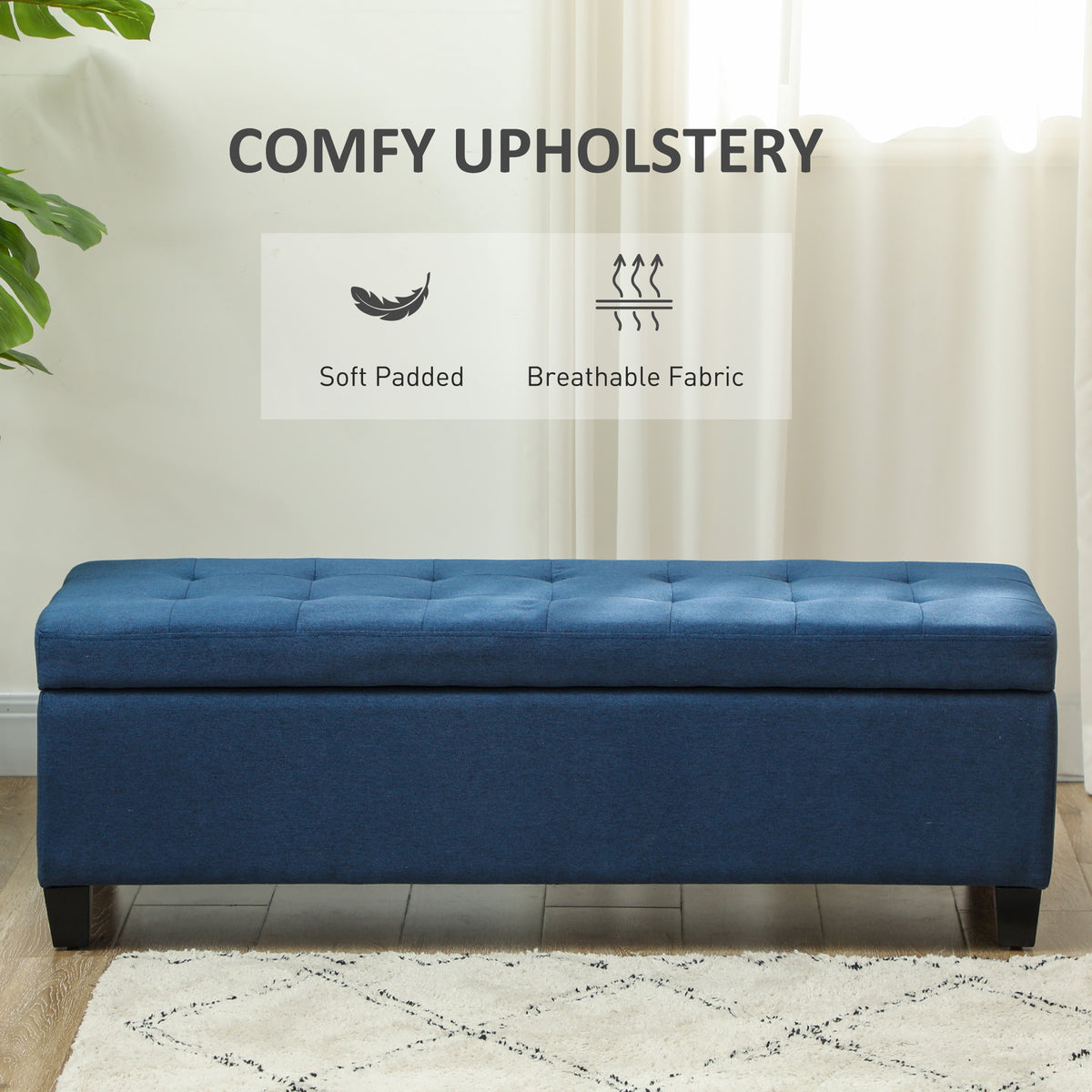 Rectangular Entry Bench, Tufted Upholstered Linen Fabric Wood Feet Storage Ottoman Bench, Beige – view 19