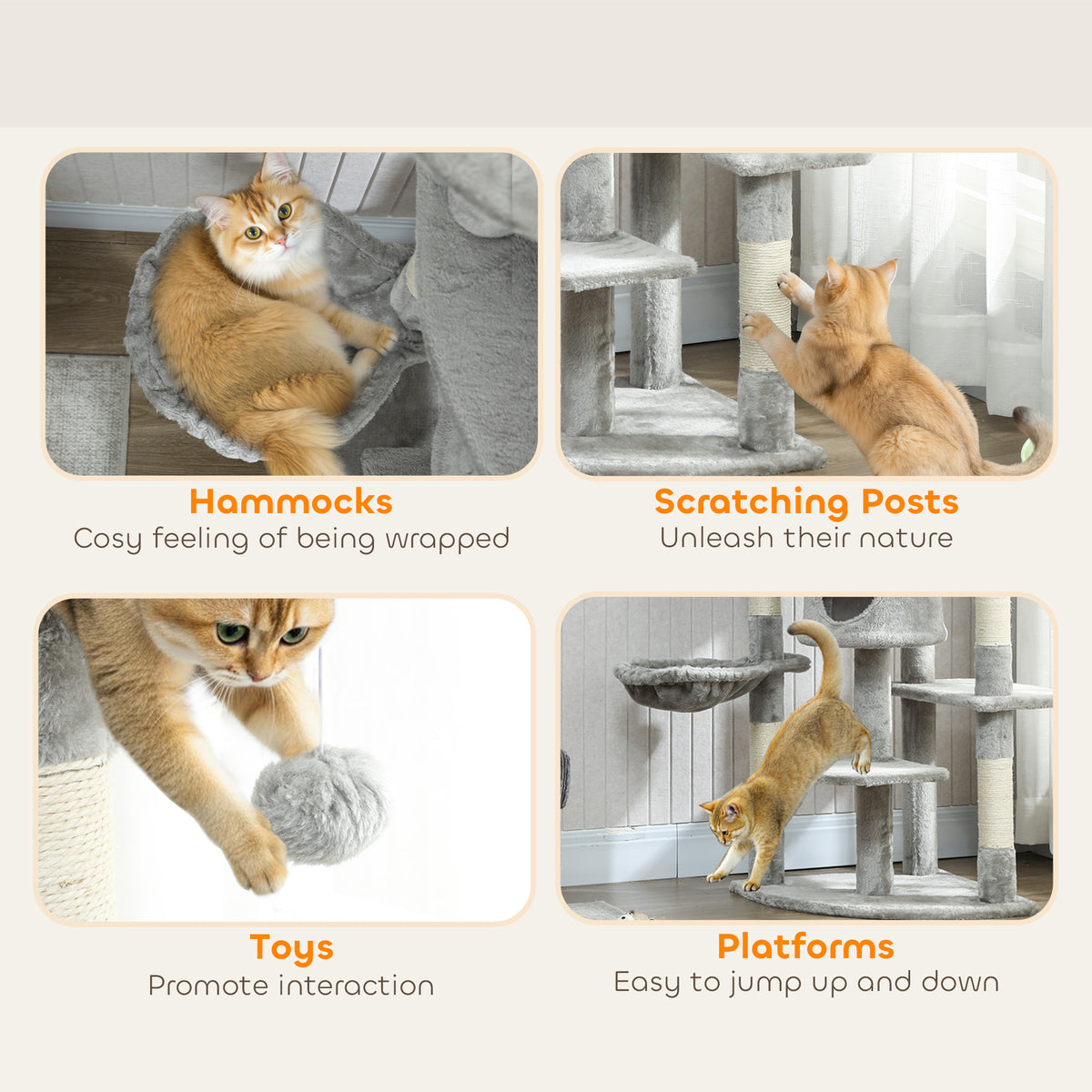 62" Cat Tree with Scratching Post, 2 Condos, Hammock, Perches, Plush, Pompoms, for Indoor Cats, Beige – view 20