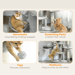 62" Cat Tree with Scratching Post, 2 Condos, Hammock, Perches, Plush, Pompoms, for Indoor Cats, Beige – view 20