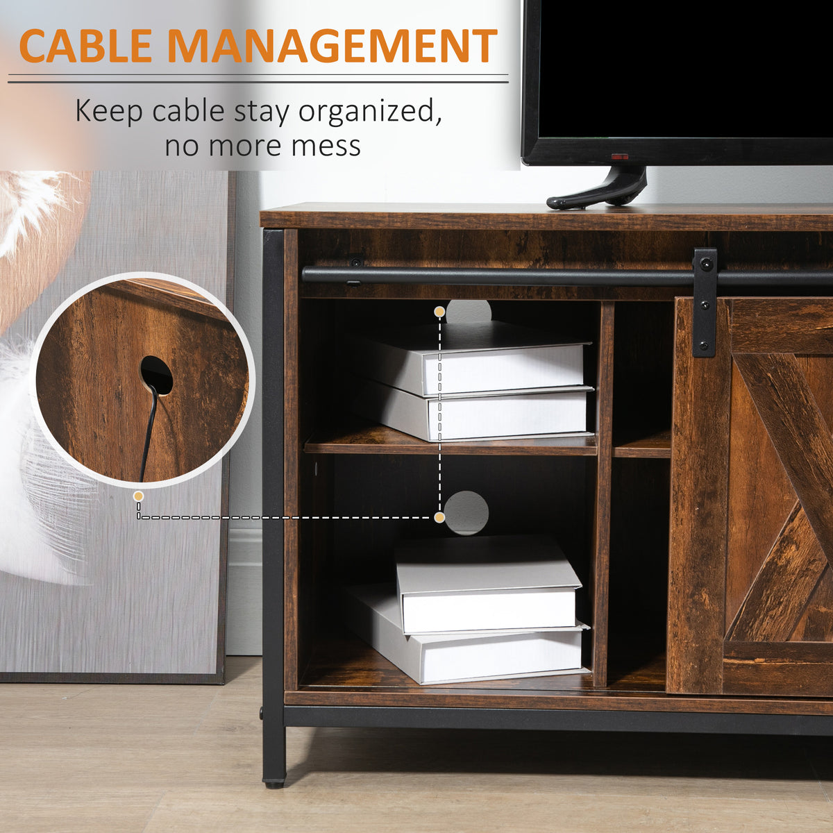 Industrial TV Stand for TVs up to 60", TV Console with Storage and 2 Sliding Barn Doors, Freestanding Entertainment Unit for Living Room, Bedroom, Brown