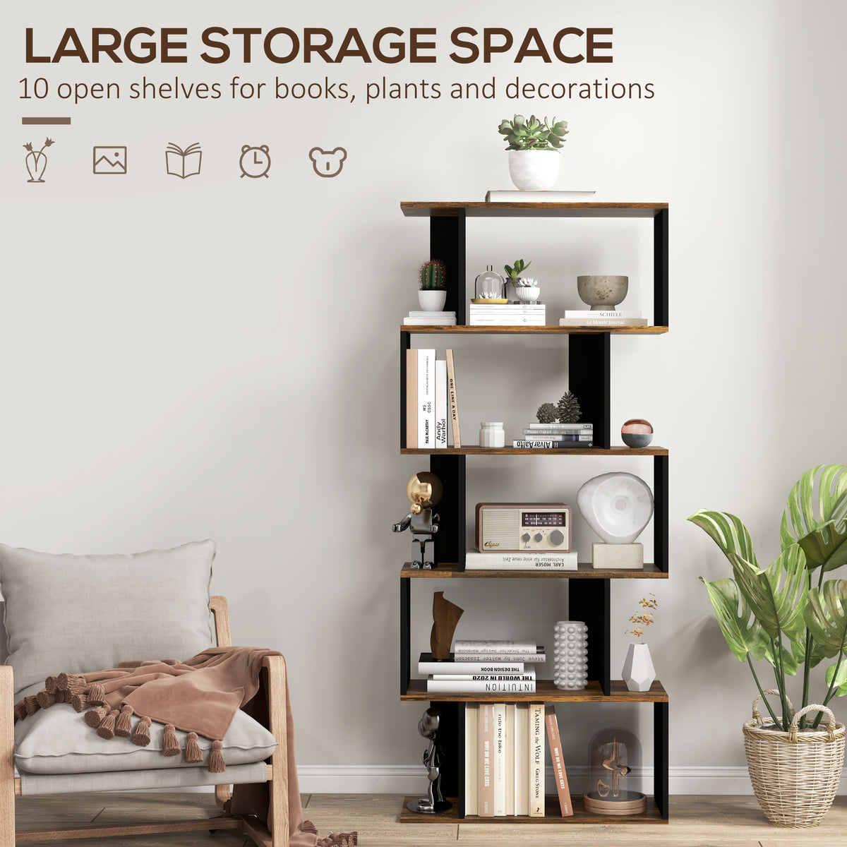 5-Tier Bookshelf, Geometric S Shaped Bookcase, Tall Narrow Display Shelf for for Living Room, Study Room – view 10