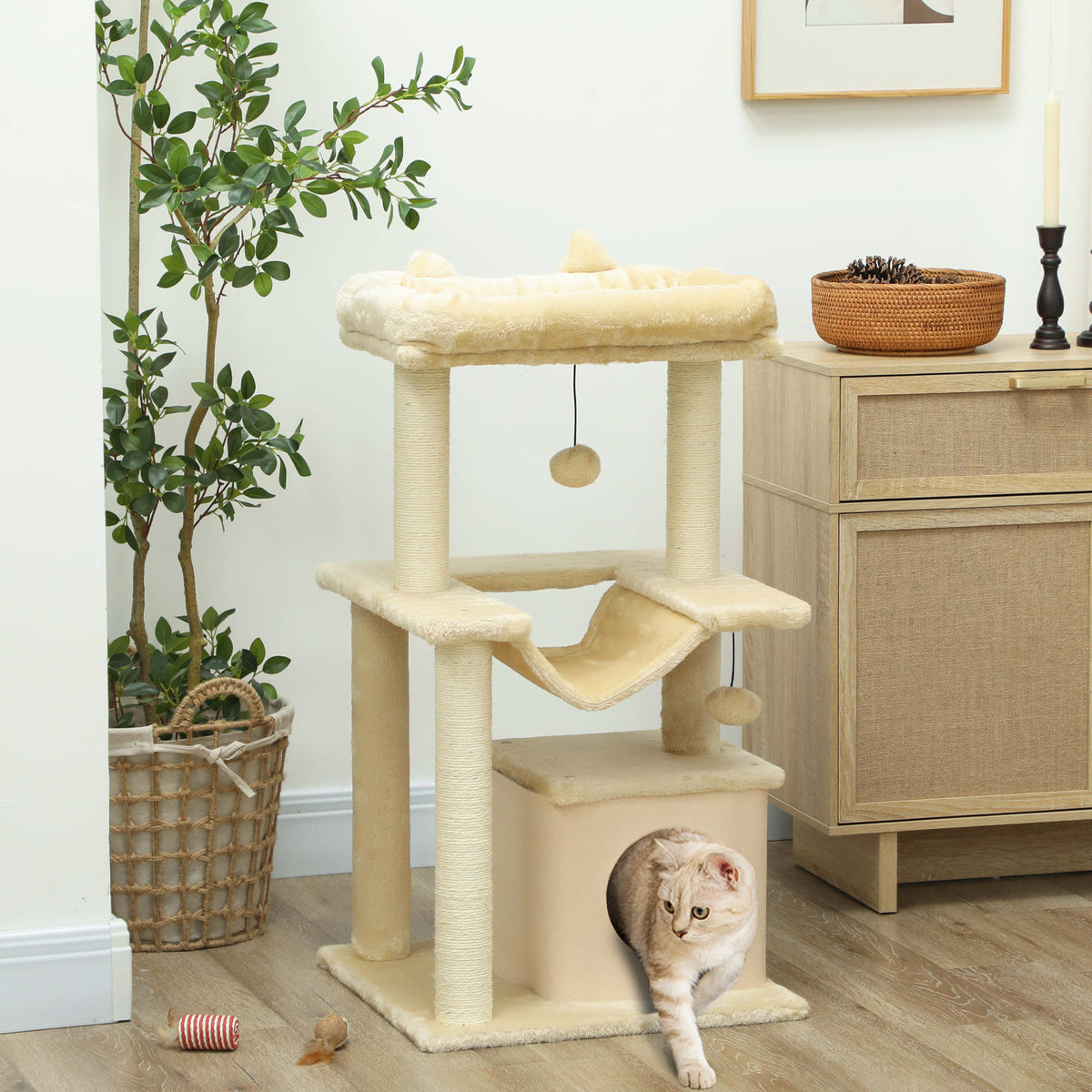 39.25'' Cat Tree Tower Multi-Level Kitten House with Scratching Post Condo Hammock Bed Ball Toy - Grey