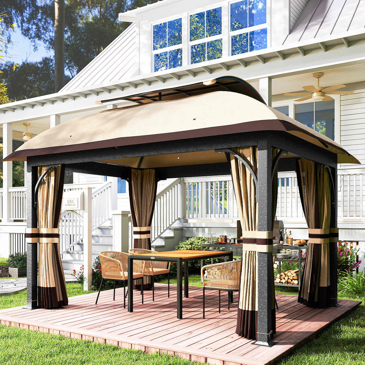 11' x 13' Patio Gazebo, Double Roof Outdoor Gazebo Canopy with Netting & Curtains, Galvanized Metal Frame, Khaki