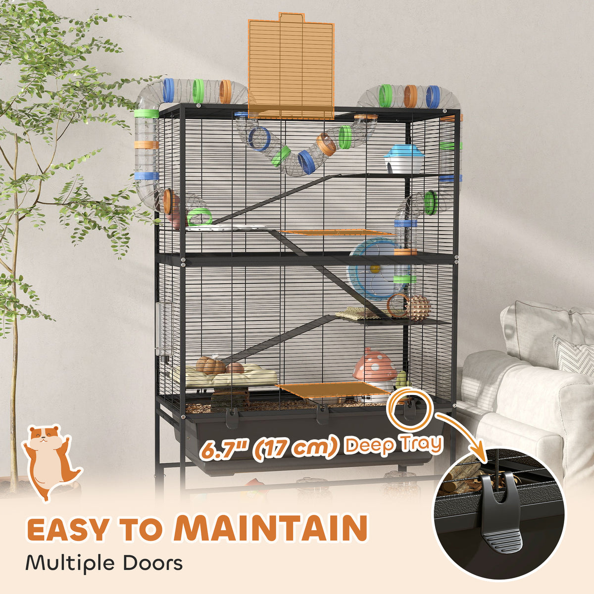 3 Tier Rolling Hamster Cage with 7" Deep Tray, Storage Shelf, Big Exercise Wheel, Tube System, for Syrian, Gerbil, Rat