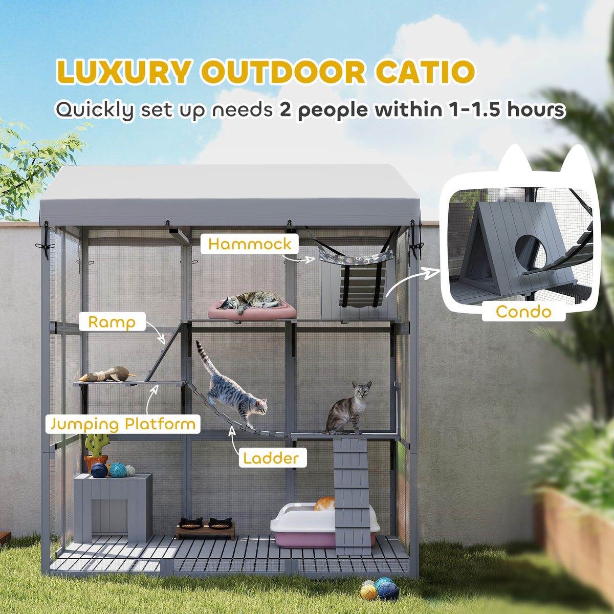 81"H Catio Outdoor with Floor to Prevent Escaping & Easy Cleaning, for 2-4 Cats Kittens, Grey – view 3